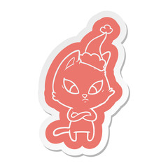 confused cartoon  sticker of a cat wearing santa hat