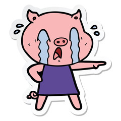 sticker of a crying pig cartoon wearing human clothes