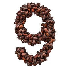 Number 9 from roasted coffee beans, 3D rendering