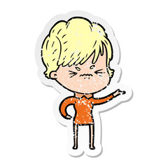 distressed sticker of a cartoon frustrated woman