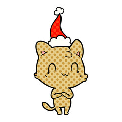 comic book style illustration of a happy cat wearing santa hat