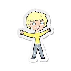 retro distressed sticker of a cartoon woman waving arms