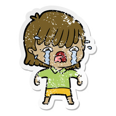 distressed sticker of a cartoon girl crying