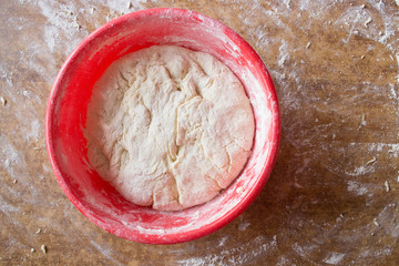 Dough and flour on wooden table in red plate