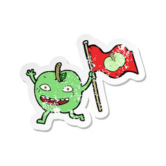 retro distressed sticker of a cartoon apple with flag