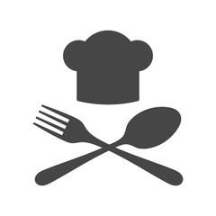 Chef hat sign icon. Cooking symbol. Cooks hat with fork and spoon. Gray circle button with icon. Vector