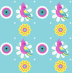 Bright Vector seamless pattern with cute parrot and exotic tropical flowers