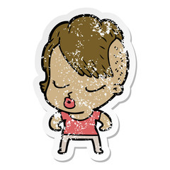 distressed sticker of a cartoon pretty hipster girl
