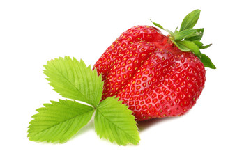 Strawberry with green leaf isolated on white background. Healthy food.