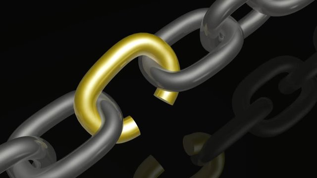 Chain with weak link on black background - business allegory.