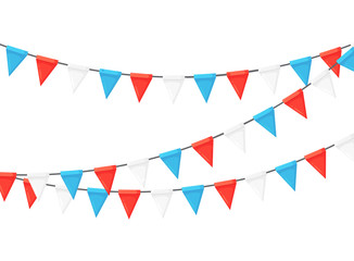 Fototapeta premium Banner with garland of colour festival flags and ribbons, bunting. Background for celebrate happy birthday party, carnaval, fair. Vector flat design