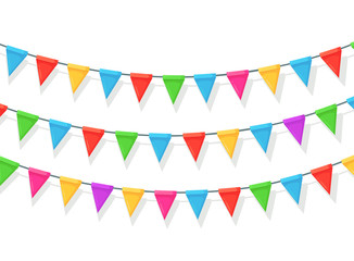 Banner with garland of colour festival flags and ribbons, bunting isolated on white background. Decoration, symbols for celebrate happy birthday party, carnaval, fair. Vector flat design