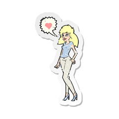 retro distressed sticker of a cartoon woman with love heart
