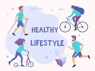 Healthy active lifestyle. Different physical activities: running, roller skates, scooter, nordic walking.