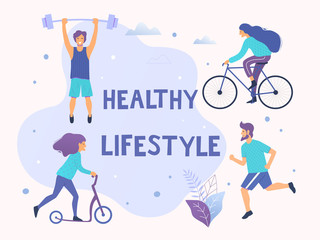 Healthy active lifestyle vector illustration. Different physical activities: running, bodybuilding, scooter, nordic walking.