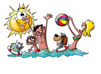 Cartoon family on vacation, playing ball and spending time swimming in the sea vector illustration
