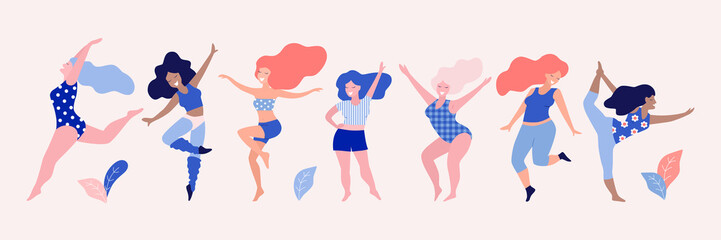 Happy dancing diverse women vector illustration.