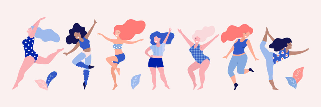 Happy Dancing Diverse Women Vector Illustration.