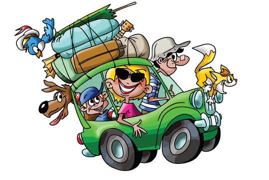 Cartoon family going on vacation with their cars fully loaded vector illustration
