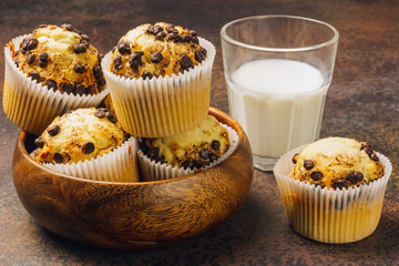 Freshly baked muffins with blueberry on the table.