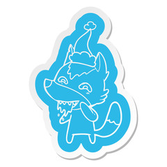 cartoon  sticker of a hungry wolf wearing santa hat