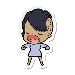 sticker of a cartoon cool hipster girl talking