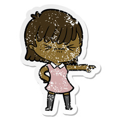 distressed sticker of a annoyed cartoon girl blaming