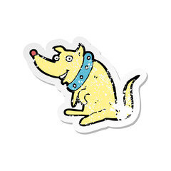 retro distressed sticker of a cartoon happy dog in big collar