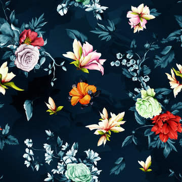 Seamless background pattern. Rose, pomegranate bud with wild rosemary and leaves on dark blue. Hand drawn. Watercolor.