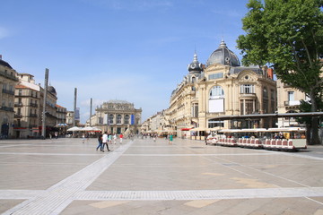 Fototapeta premium Comedy square in Montpellier, its opera and the three graces fountain, France