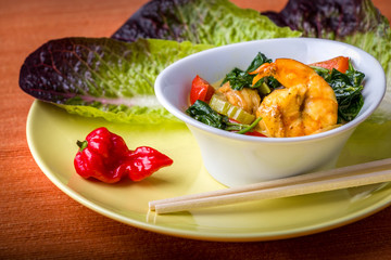 King prawn with baby spinach and red hot chili pepper