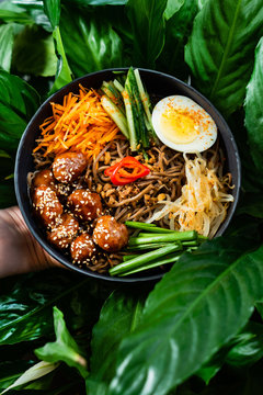 Healthy buddha bowl lunch, top view