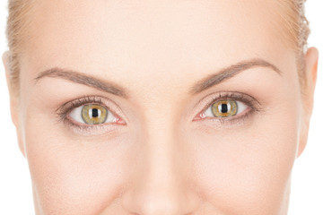 Confidence in her eyes. Closeup cropped shot of a woman looking to the camera smiling with her eyes