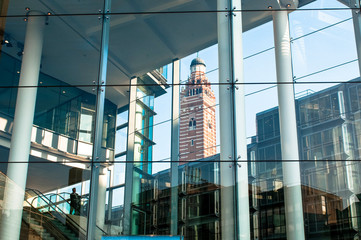 Looking at the Westminster Cathedral through the Cardinal shopping and business Centre, London, UK