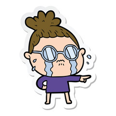 sticker of a cartoon crying woman wearing spectacles