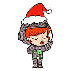 comic book style illustration of a pretty astronaut girl wearing santa hat