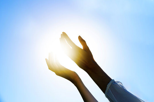 mani, cielo, sole, preghiera, benessere, salute