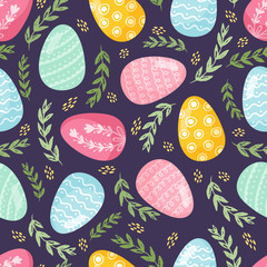 Floral seamless pattern with eggs, birds and stylized flowers. Endless texture for spring design, decoration, greeting cards, posters, invitations, advertisement. © VirinaDesign