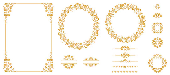 Vector set of graphic elements for design in gold color. Floral elements for design of invitations, frames, menus, monograms, labels, websites.