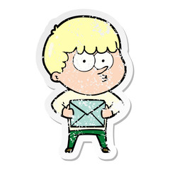 distressed sticker of a cartoon curious boy carrying a gift
