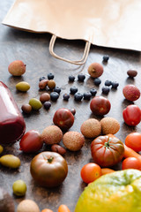 fresh fruits and vegetables on the stone table. zero waste concept