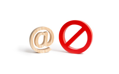 Figure of e-mail or internet and a symbol of prohibition or restriction on an isolated background....