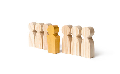 The golden figure of a man comes out of the line of people on an isolated background. Talent,...