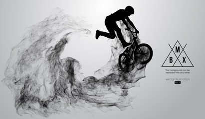 Abstract silhouette of a bmx rider on the white background from particles, dust, smoke, steam. Bmx rider jumps and performs the trick. Background can be changed to any other. Vector illustration