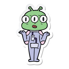 sticker of a cartoon three eyed alien shrugging
