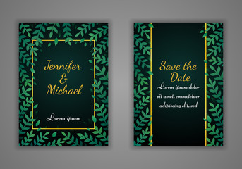 Set of rectangular wedding invitation cards. Green leaves and golden frame on a dark background. Vector.