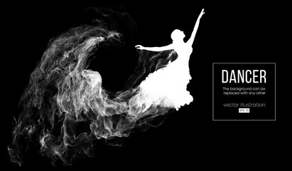 Abstract silhouette of a dencing girl, woman, ballerina on the dark, black background from particles. Ballet and modern dance. Background can be changed to any other. Vector illustration © matrosovv