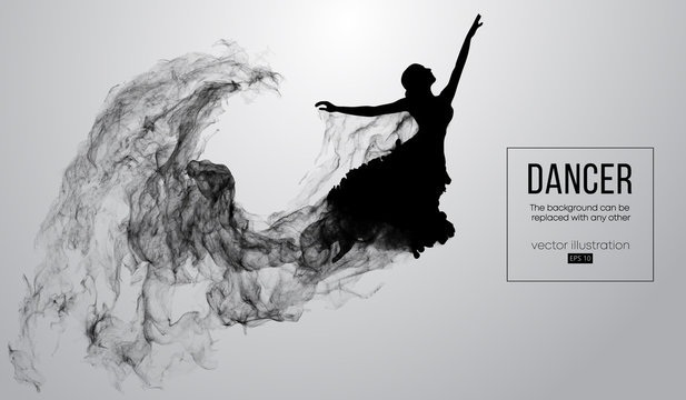 Abstract silhouette of a dencing girl, woman, ballerina on the white background from particles. Ballet and modern dance. Background can be changed to any other. Vector illustration