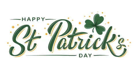 Foto op Canvas Happy St. Patrick Day lettering poster with green shamrock and orange stars. Irish traditional holiday. For greeting cart, poster, banner, flyer, web pages, social media. Isolated vector illustration © Elena Iakovleva
