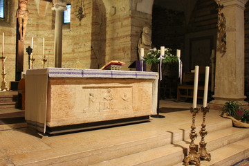 Altar of the lower church San Fermo Maggiore in Verona, Veneto, Italy.